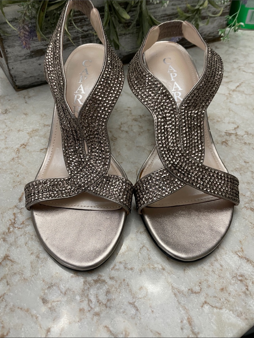 Caparros Metallic Rose Gold T-Strap Crystal Sandals
